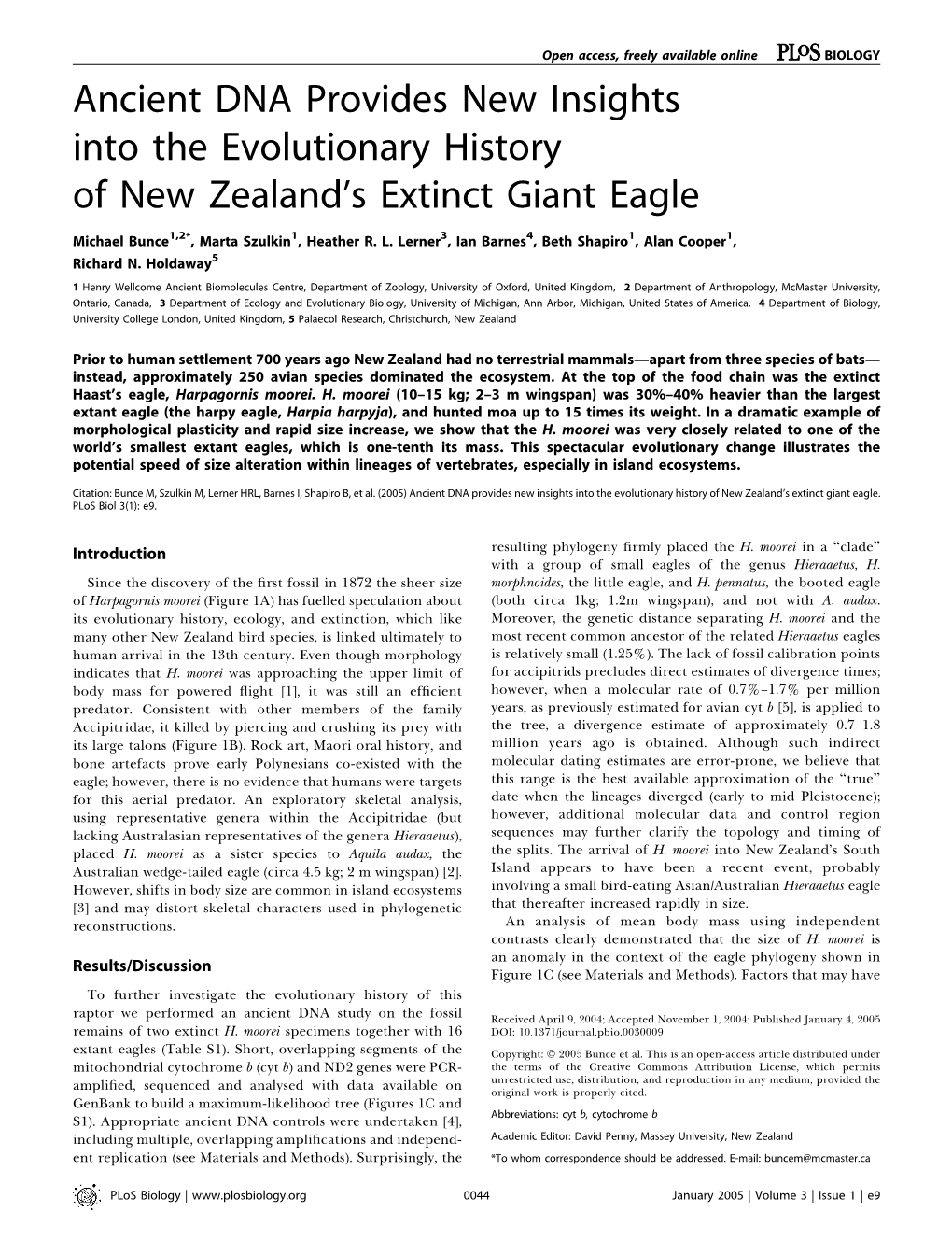 Ancient DNA Provides New Insights Into the Evolutionary History of New Zealand’S Extinct Giant Eagle