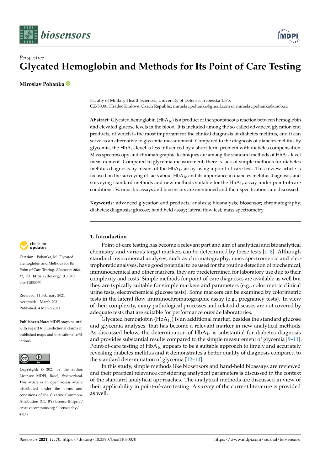 Glycated Hemoglobin and Methods for Its Point of Care Testing