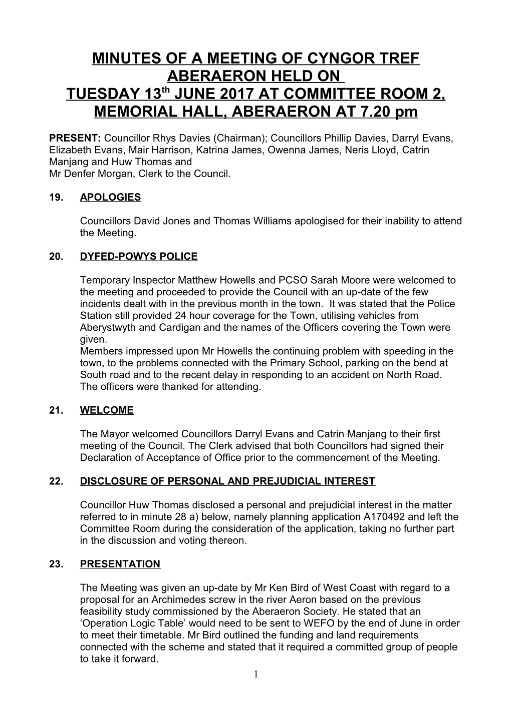 Minutes of a Meeting of Aberaeron Town Council Held on Tuesday 9Th September 2014 at Committee