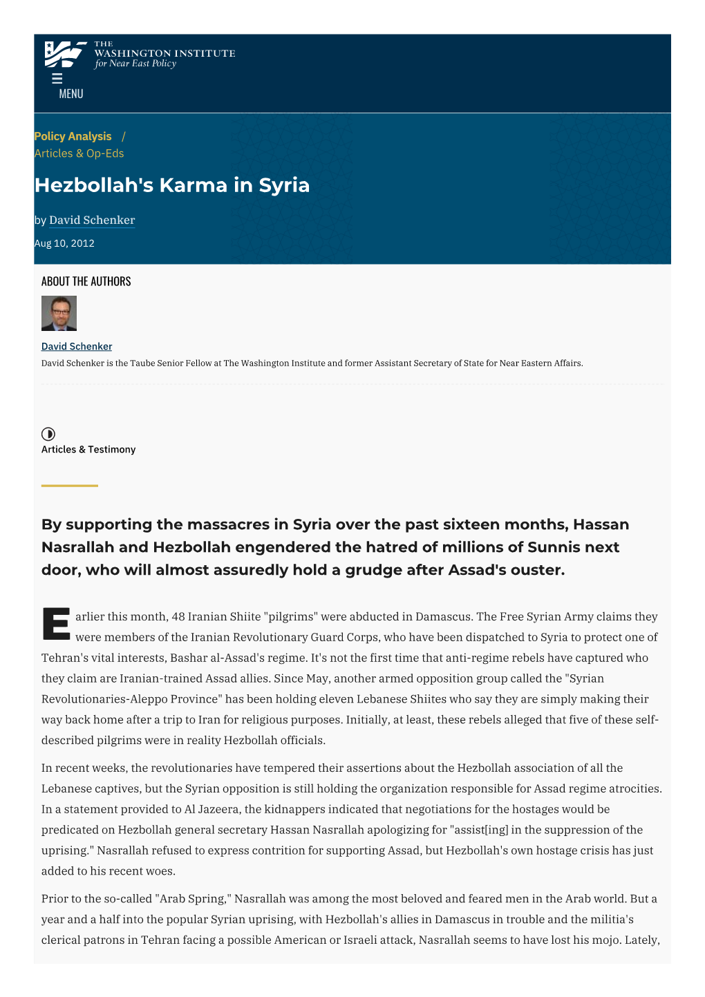 Hezbollah's Karma in Syria | the Washington Institute