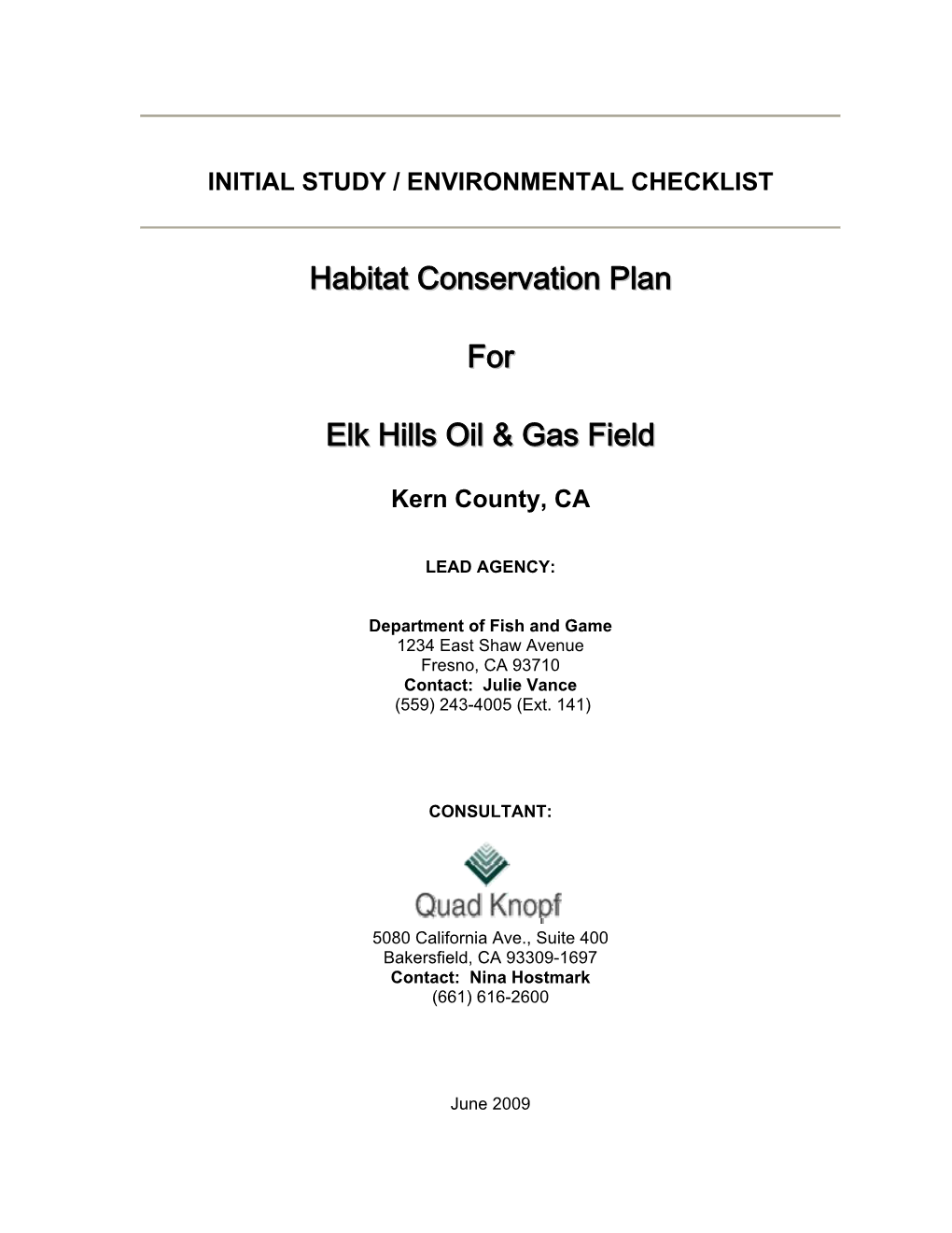 Habitat Conservation Plan for Elk Hills Oil & Gas Field