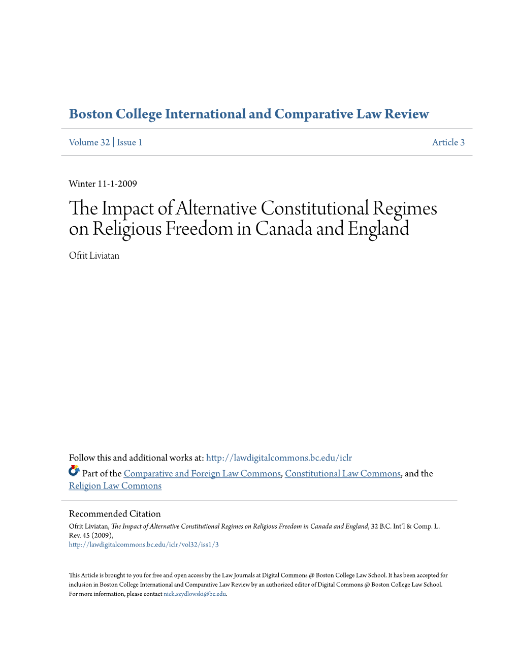 The Impact of Alternative Constitutional Regimes on Religious Freedom in Canada and England, 32 B.C