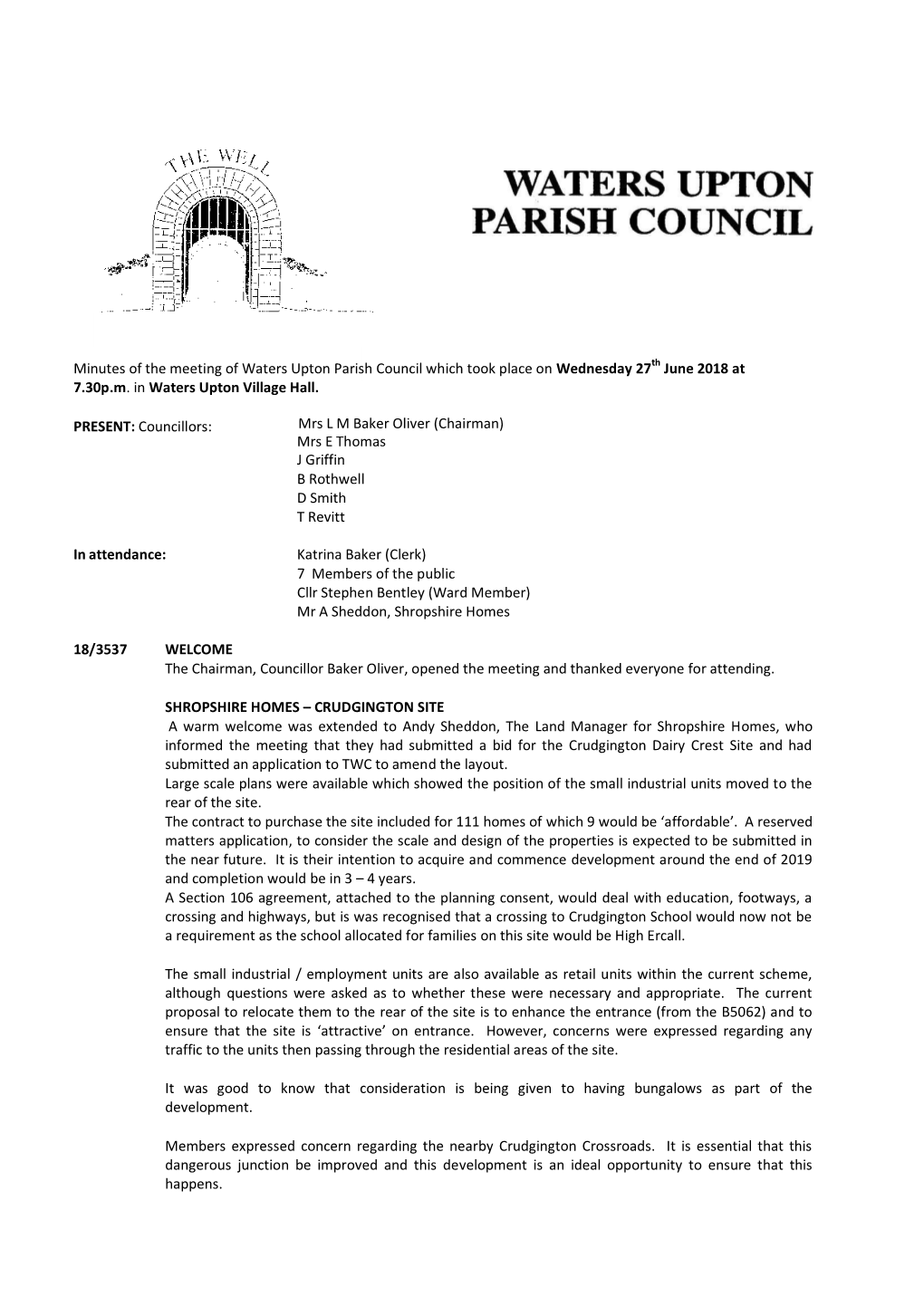 Minutes of the Meeting of Waters Upton Parish Council Which Took Place on Wednesday 27Th June 2018 at 7.30P.M. in Waters Upton Village Hall