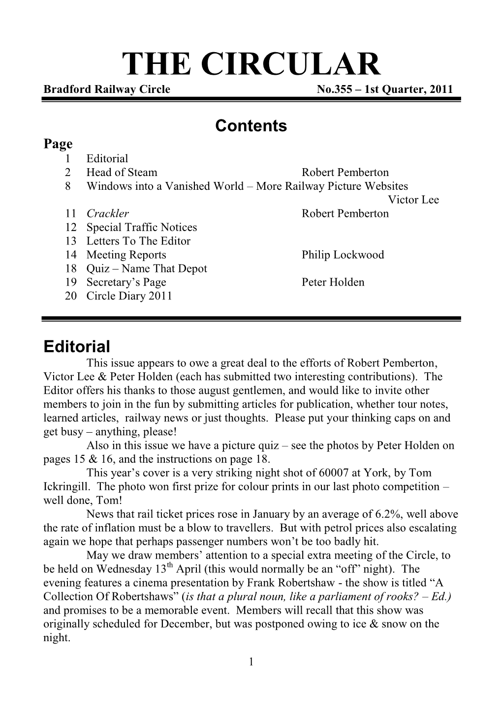 THE CIRCULAR Bradford Railway Circle No.355 – 1St Quarter, 2011