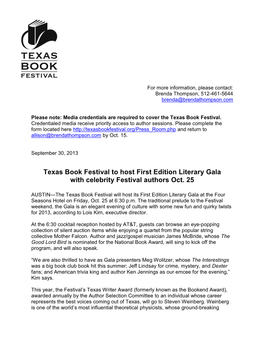 Texas Book Festival to Host First Edition Literary Gala with Celebrity Festival Authors Oct