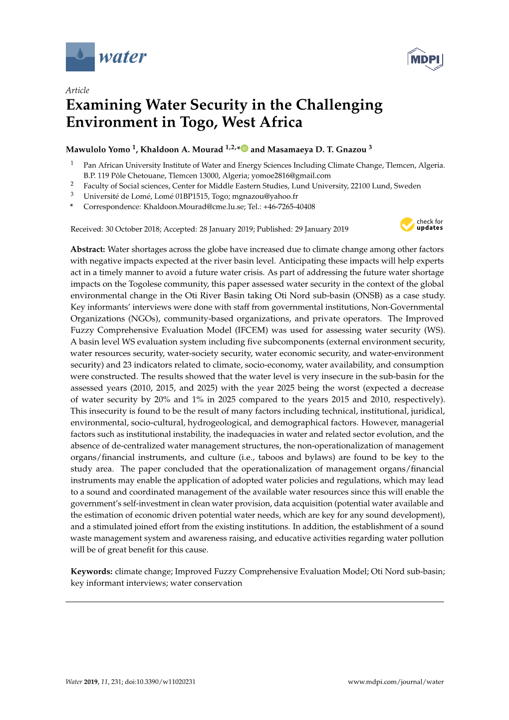 Examining Water Security in the Challenging Environment in Togo, West Africa