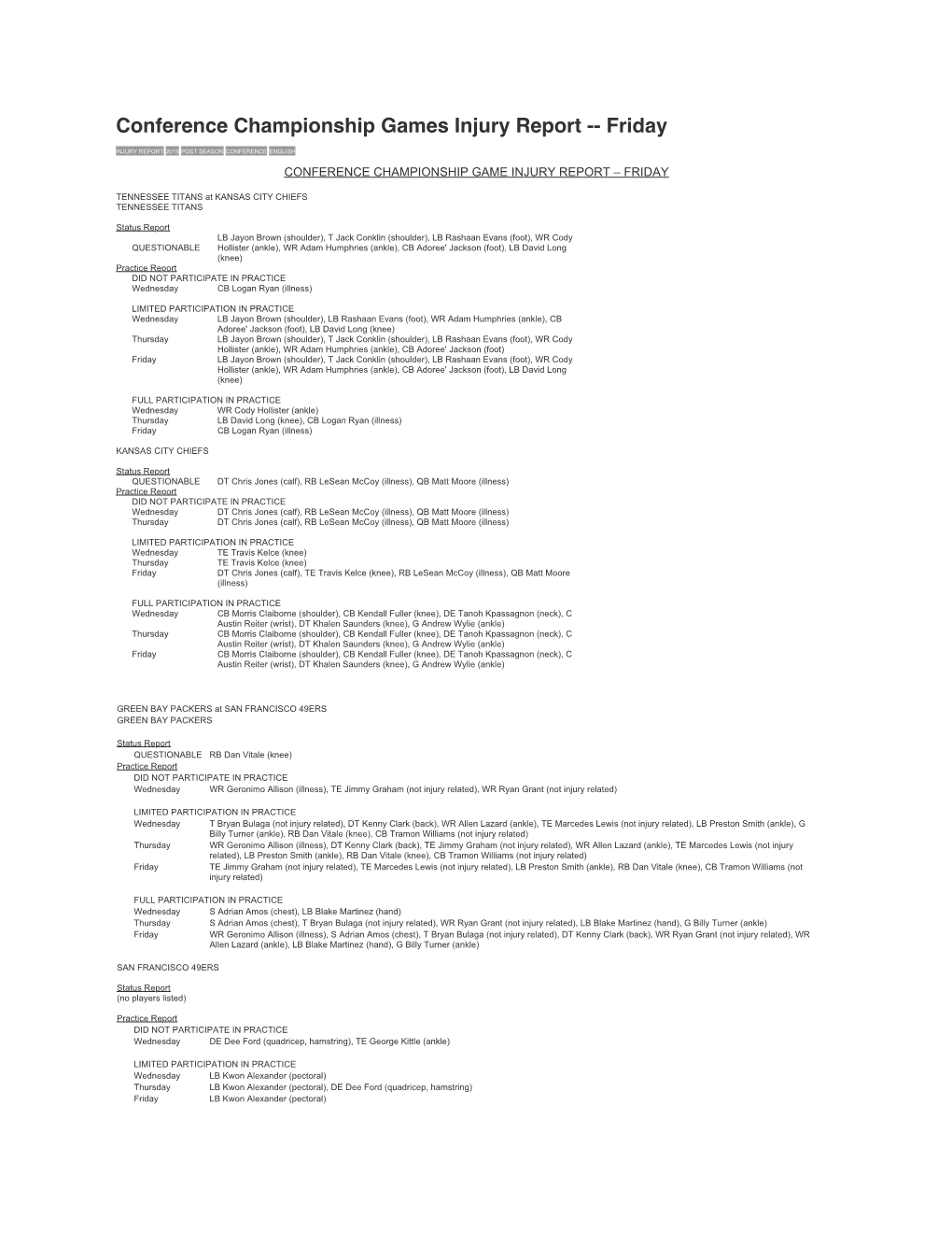 Conference Championship Games Injury Report -- Friday