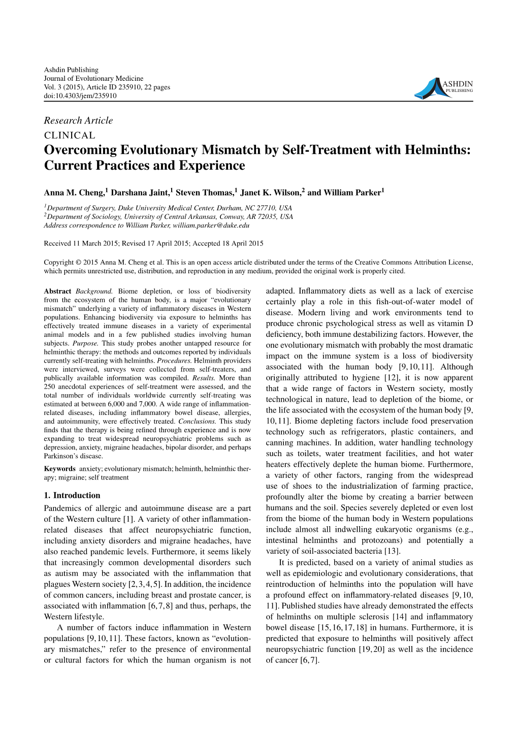 Overcoming Evolutionary Mismatch by Self-Treatment with Helminths: Current Practices and Experience