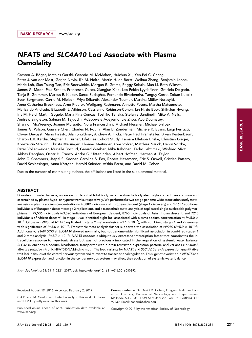 NFAT5 and SLC4A10 Loci Associate with Plasma Osmolality