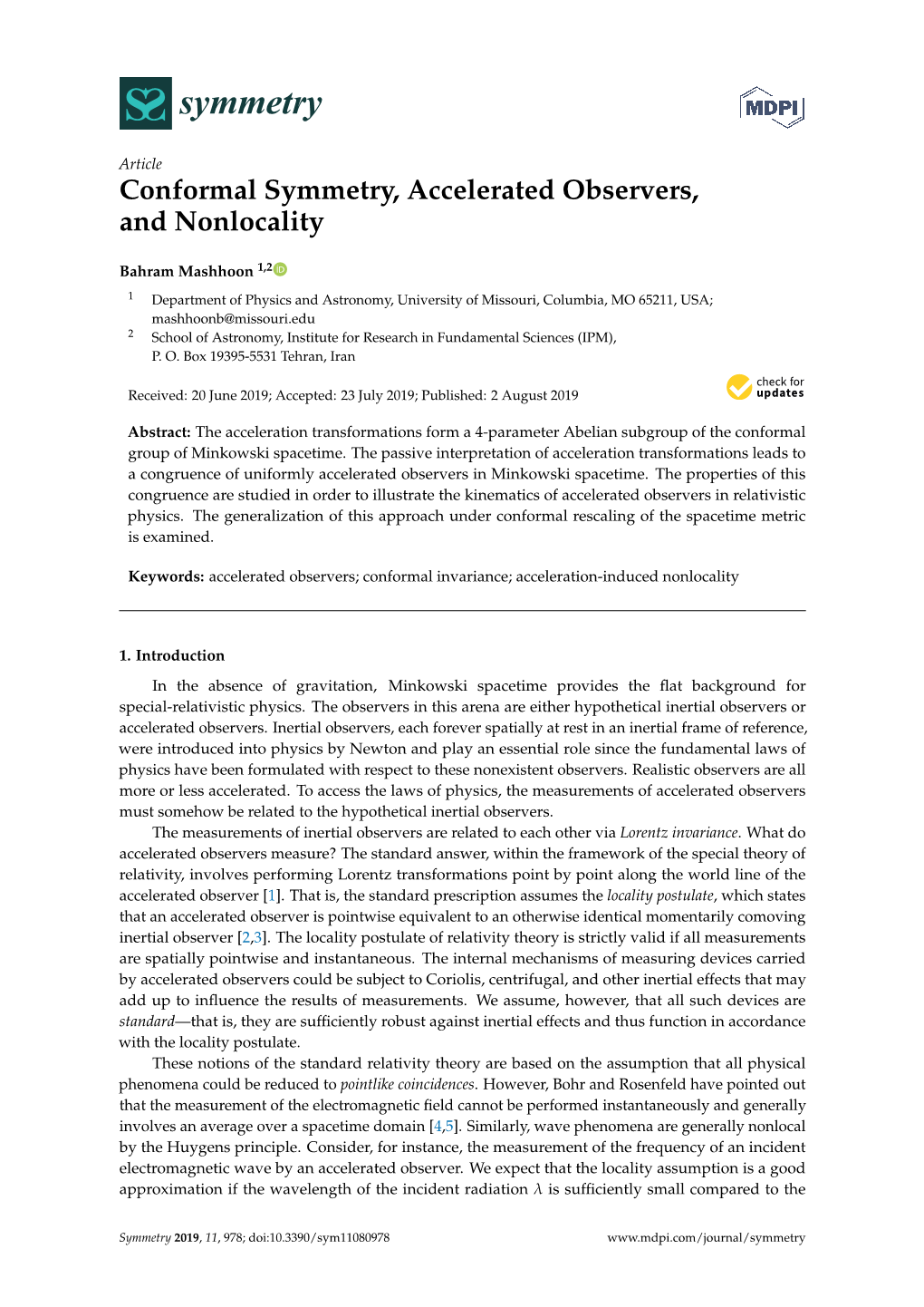 Conformal Symmetry, Accelerated Observers, and Nonlocality