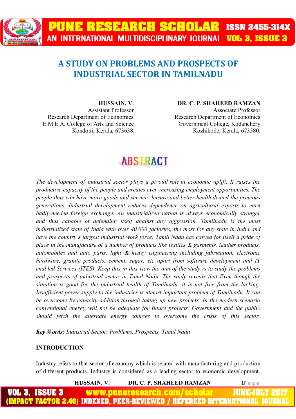 A Study on Problems and Prospects of Industrial Sector in Tamilnadu