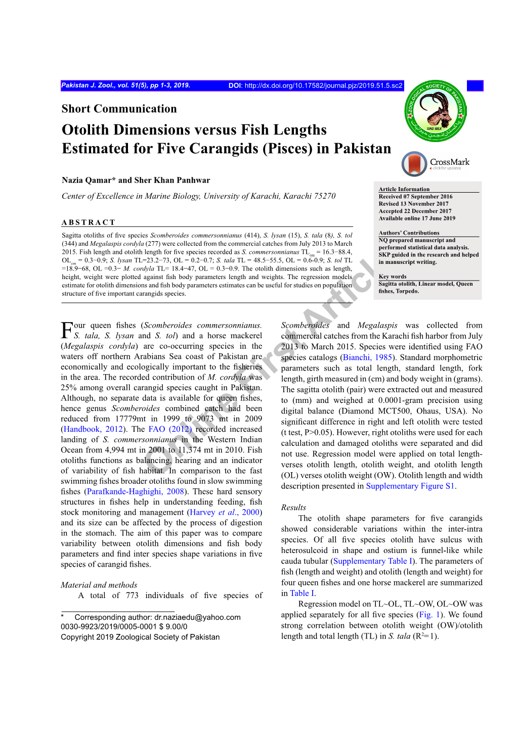 Otolith Dimensions Versus Fish Lengths Estimated for Five Carangids (Pisces) in Pakistan