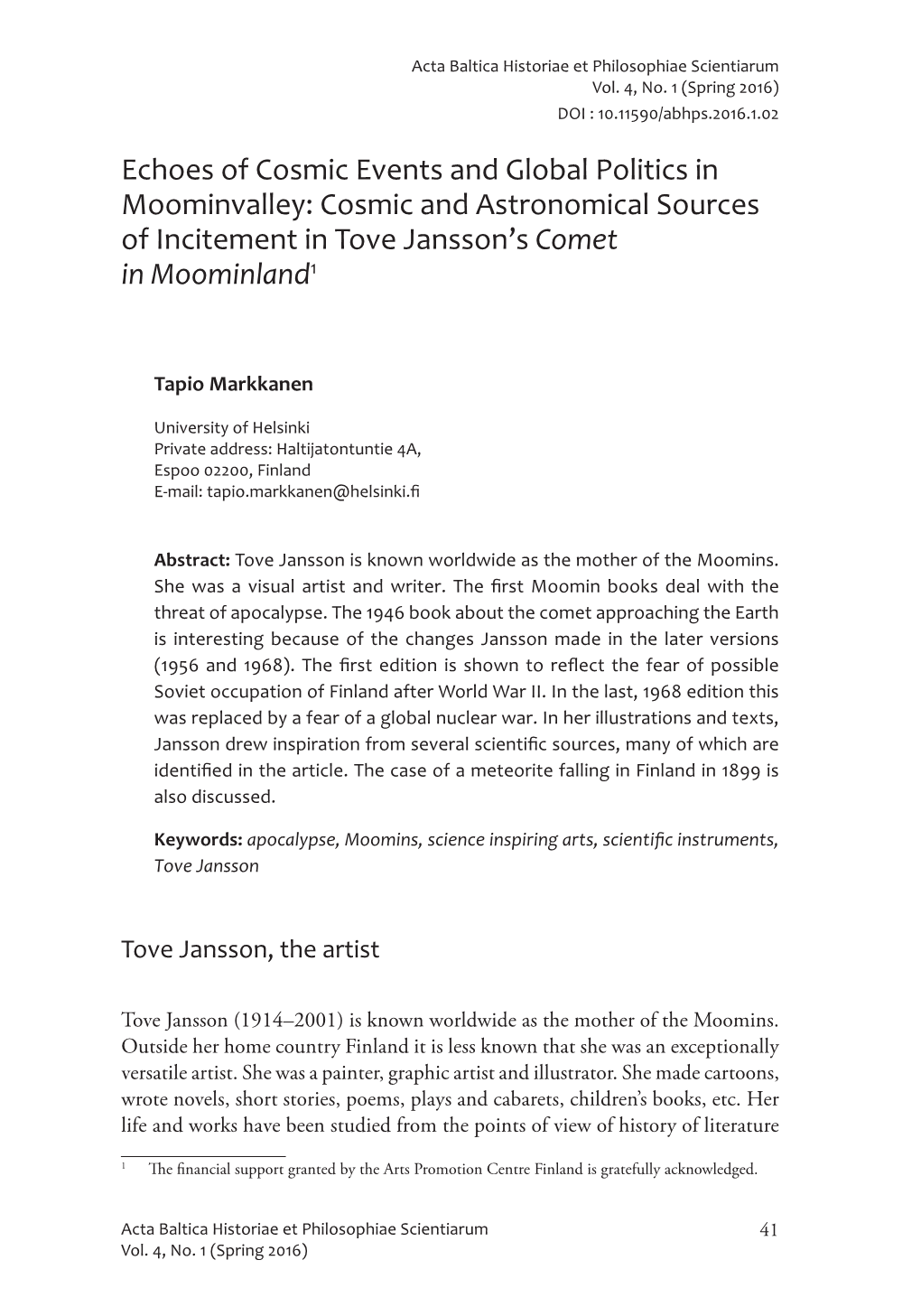 Cosmic and Astronomical Sources of Incitement in Tove Jansson’Svol