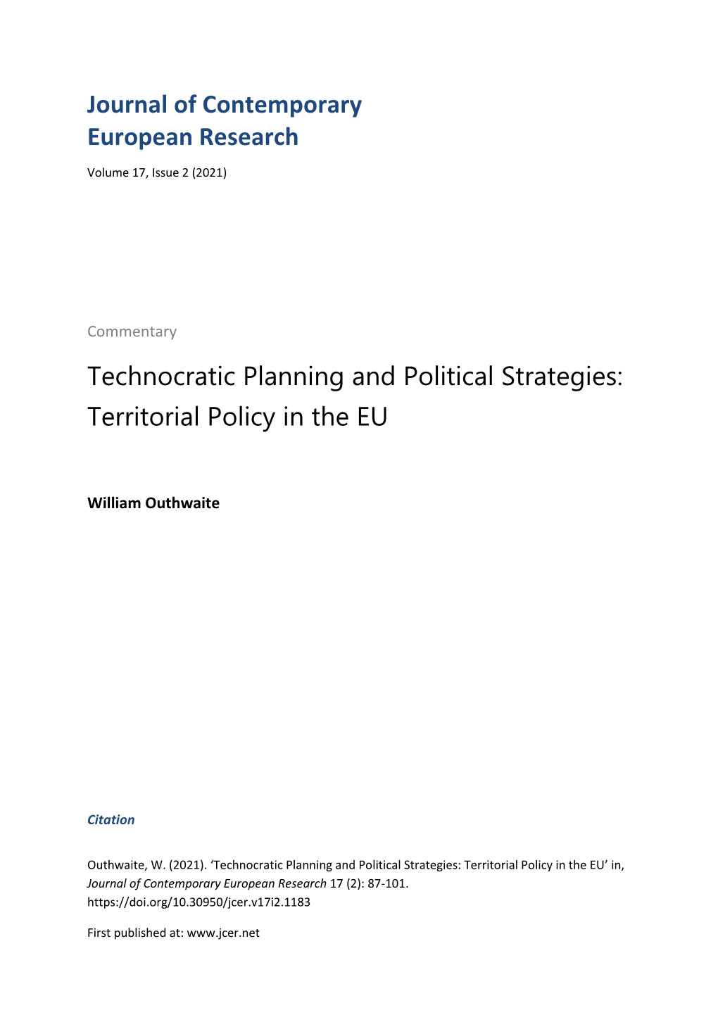 Journal of Contemporary European Research Technocratic Planning