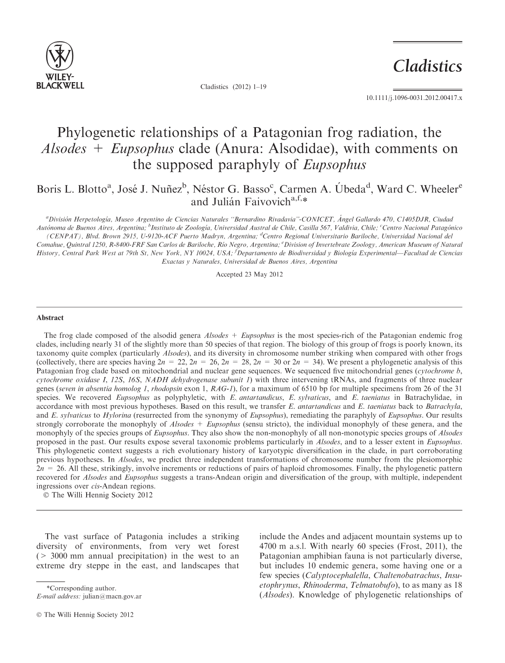 Phylogenetic Relationships of a Patagonian Frog Radiation, the Alsodes+Eupsophus Clade (Anura: Alsodidae), with Comments On