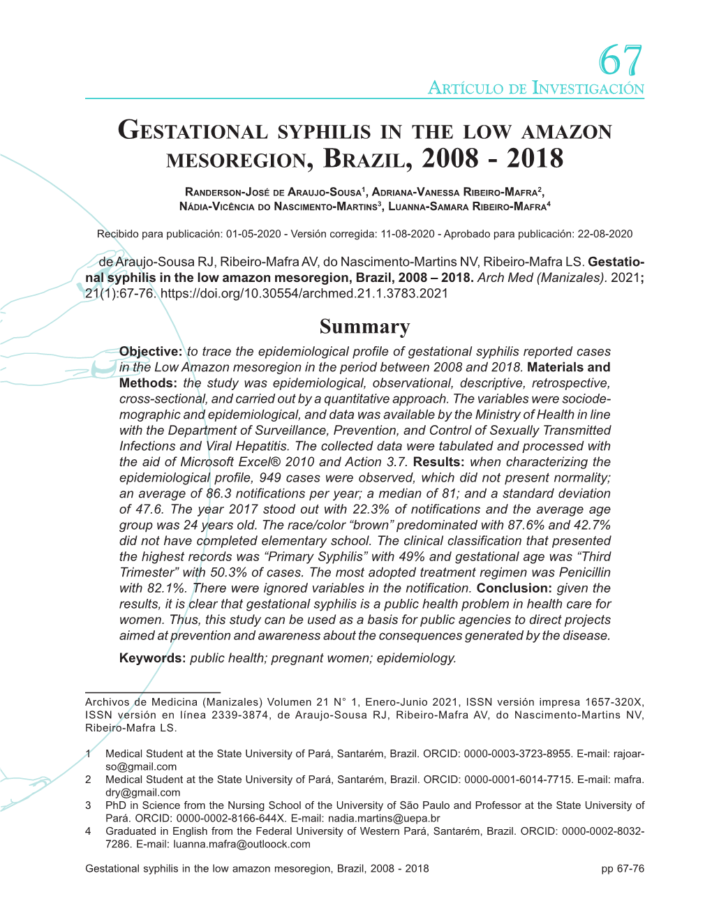 Gestational Syphilis in the Low Amazon Mesoregion, Brazil, 2008 - 2018