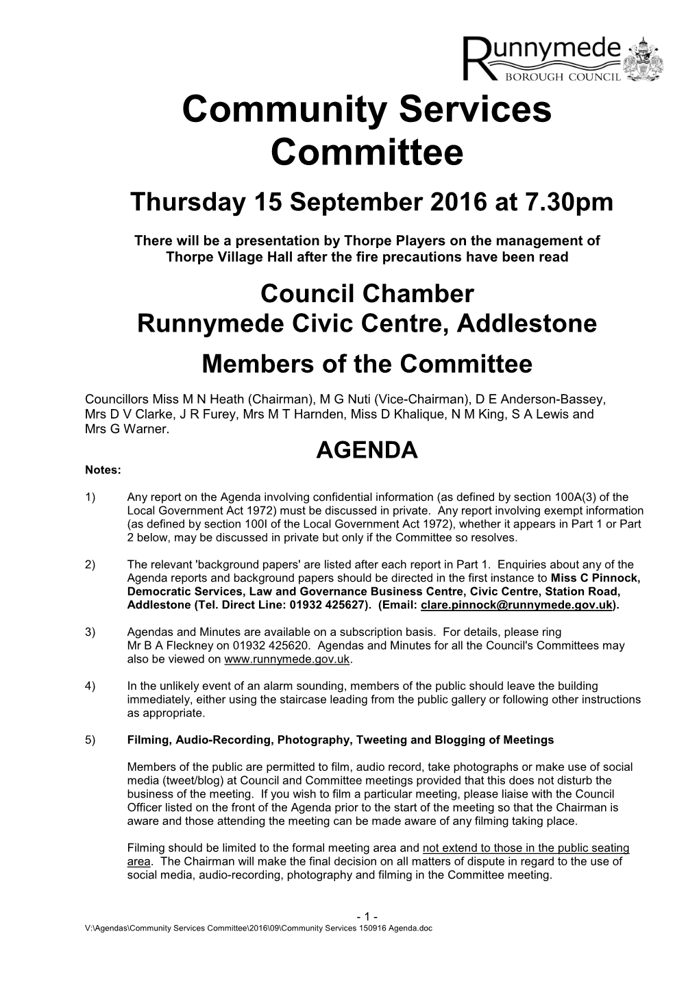 Community Services Committee Agenda 15 September 2016