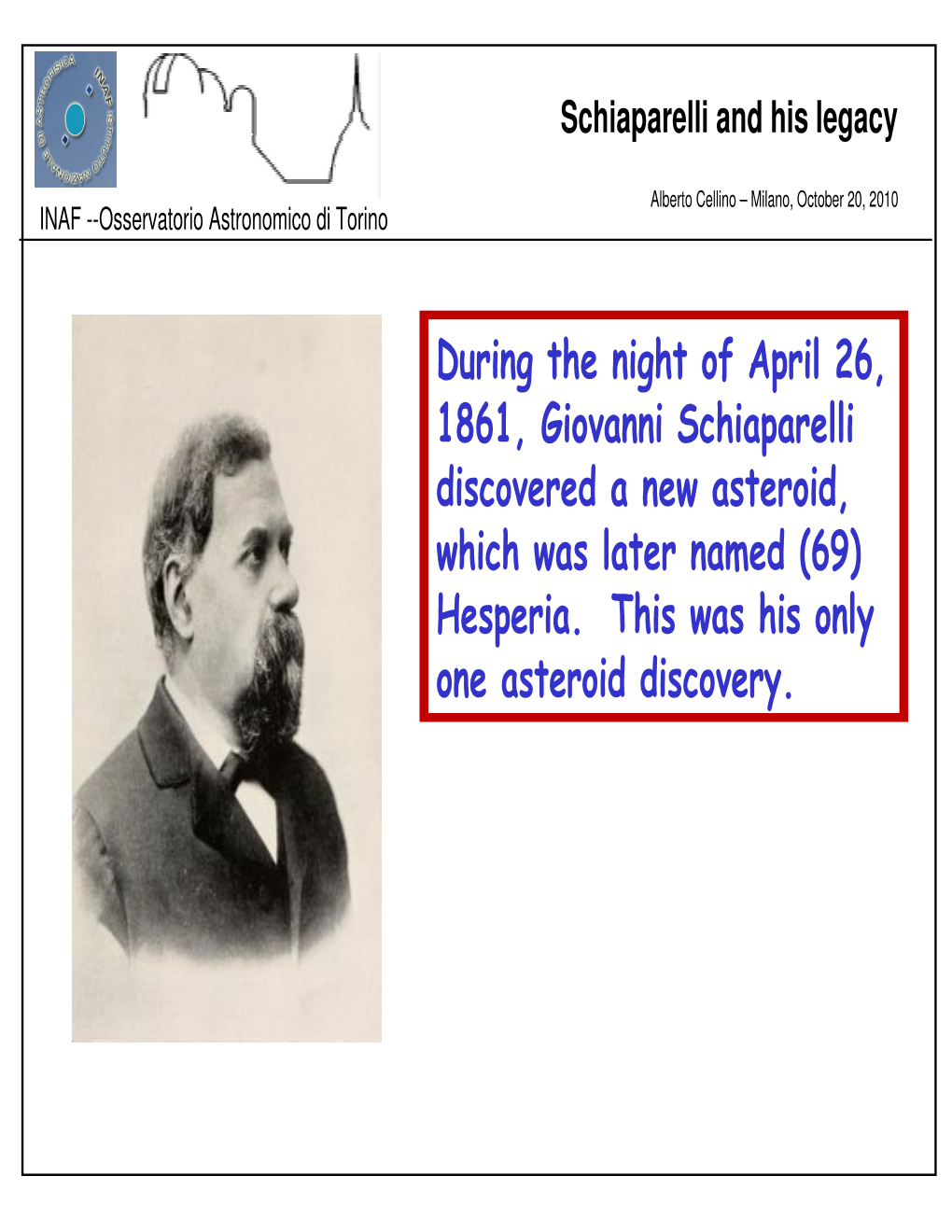 During the Night of April 26, 1861, Giovanni Schiaparelli Discovered a New Asteroid, Which Was Later Named (69) Hesperia