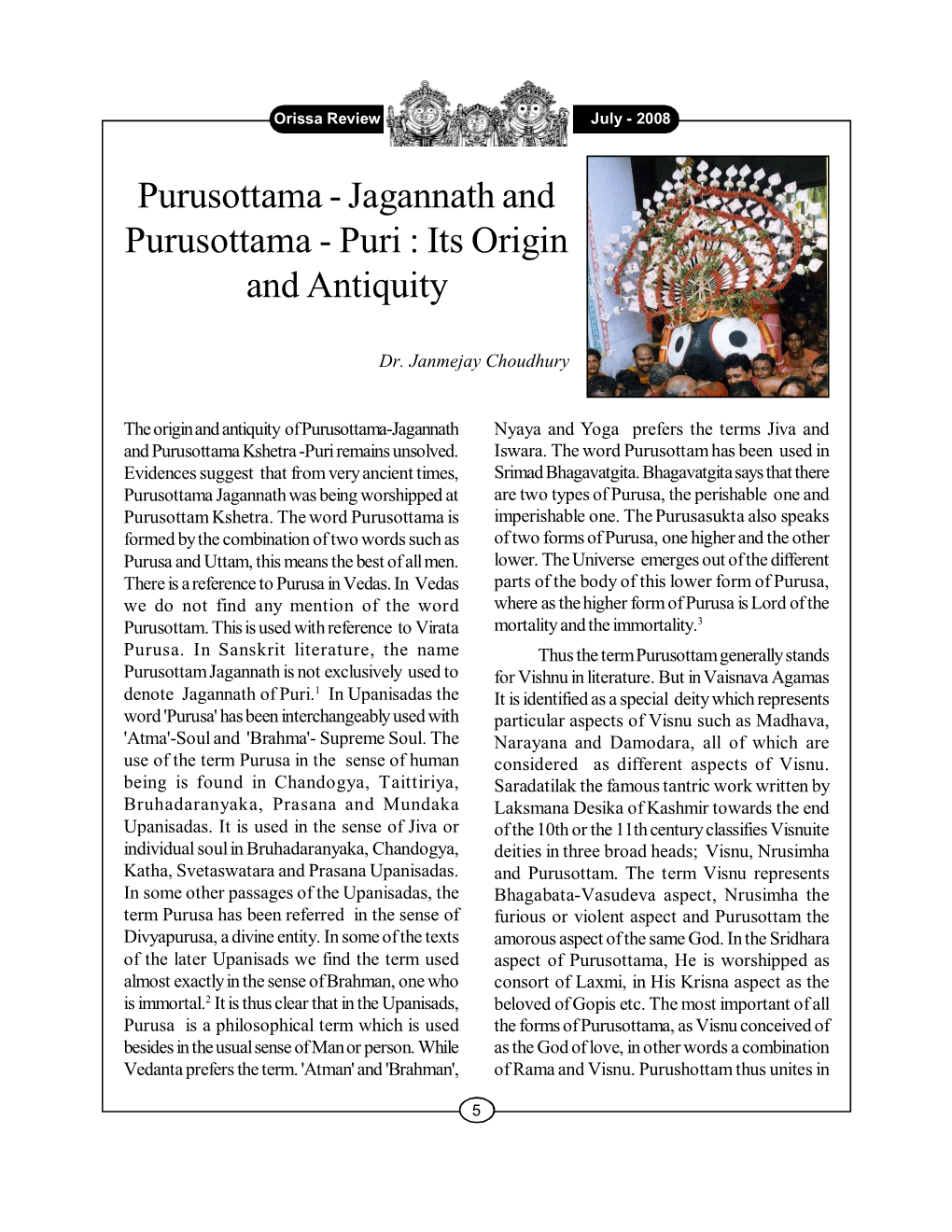 Purusottama - Jagannath and Purusottama - Puri : Its Origin and Antiquity