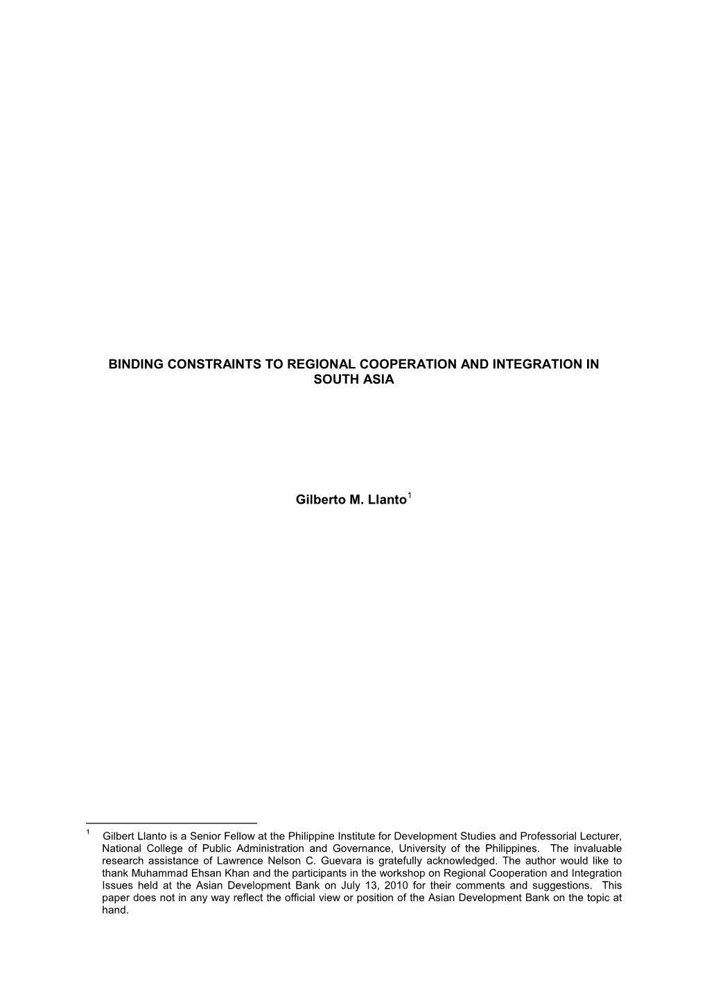 Binding Constraints to Regional Cooperation and Integration in South Asia