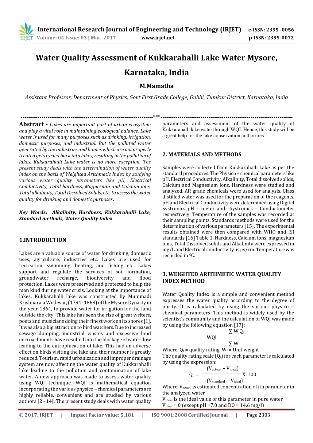 Water Quality Assessment of Kukkarahalli Lake Water Mysore