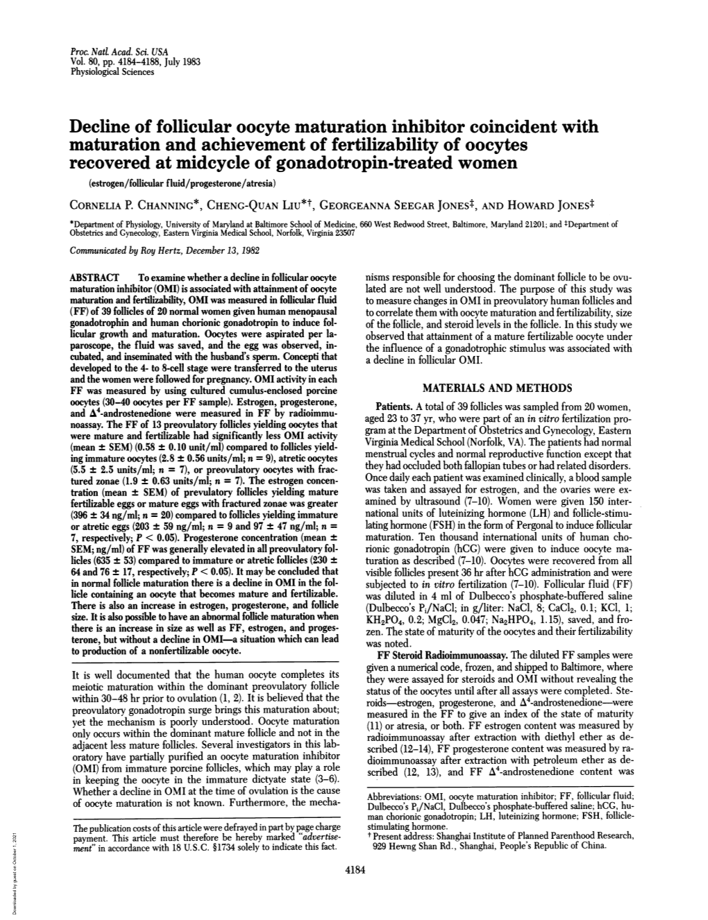 Decline of Follicular Oocyte Maturation Inhibitor Coincident With