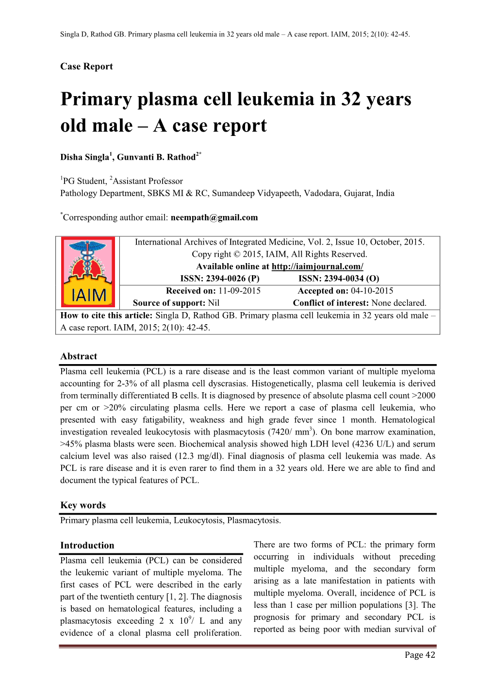 Primary Plasma Cell Leukemia in 32 Years Old Male – a Case Report