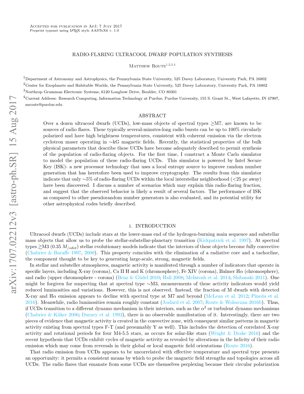 Arxiv:1707.02212V3 [Astro-Ph.SR] 15 Aug 2017 X-Ray and Hα Emission Appears to Decline with Spectral Type at M7 and Beyond (Mclean Et Al