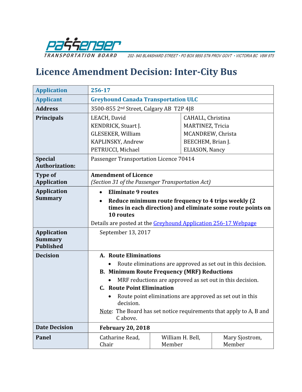 Licence Amendment Decision: Inter-City Bus