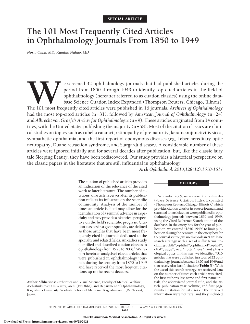 The 101 Most Frequently Cited Articles in Ophthalmology Journals from 1850 to 1949