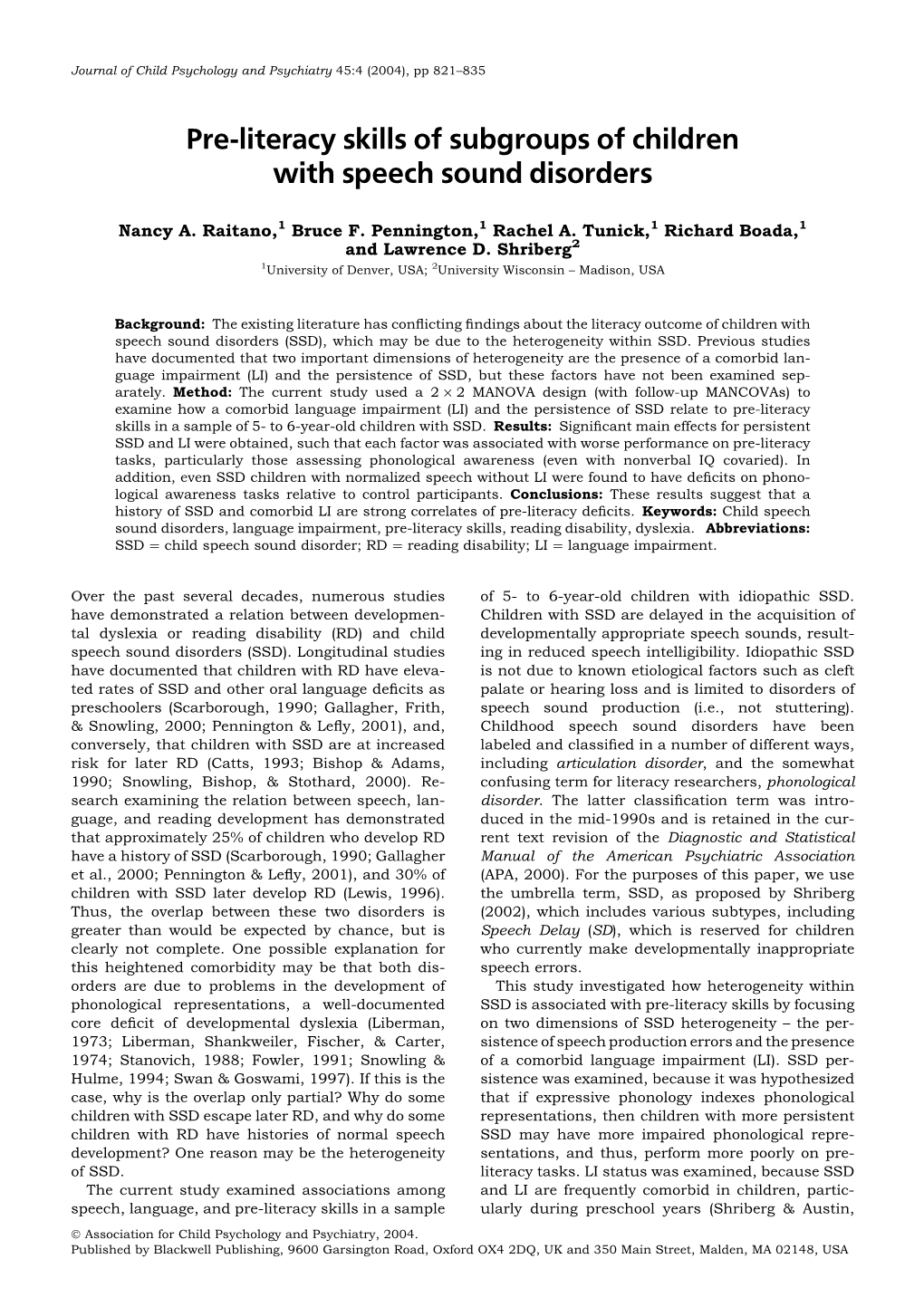 Pre-Literacy Skills of Subgroups of Children with Speech Sound Disorders