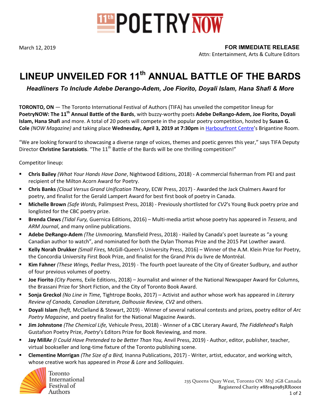 LINEUP UNVEILED for 11 ANNUAL BATTLE of the BARDS Headliners to Include Adebe Derango-Adem, Joe Fiorito, Doyali Islam, Hana Shafi & More