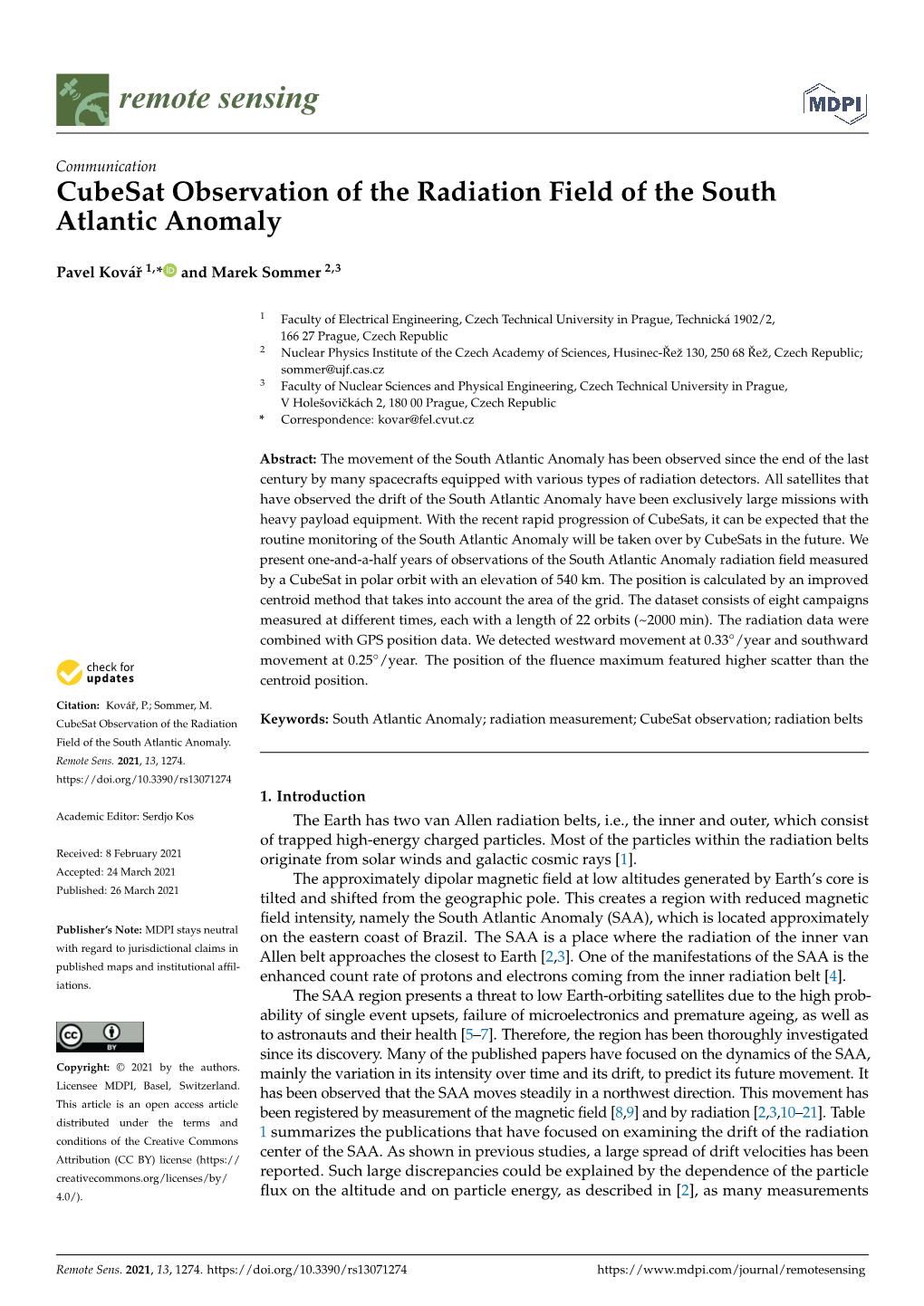 Cubesat Observation of the Radiation Field of the South Atlantic Anomaly