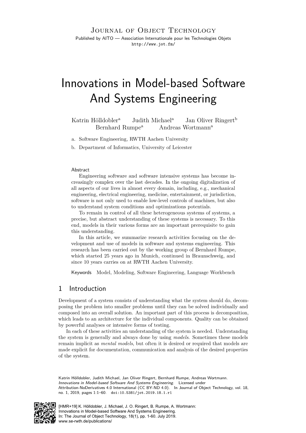 Innovations in Model-Based Software and Systems Engineering. Licensed Under Attribution-Noderivatives 4.0 International (CC BY-ND 4.0)