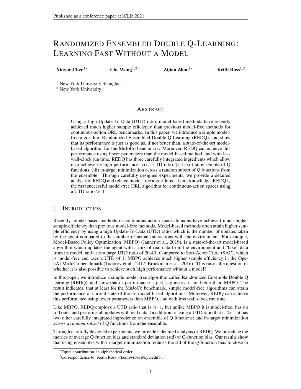 Randomized Ensembled Double Q-Learning: Learning Fast Withouta Model
