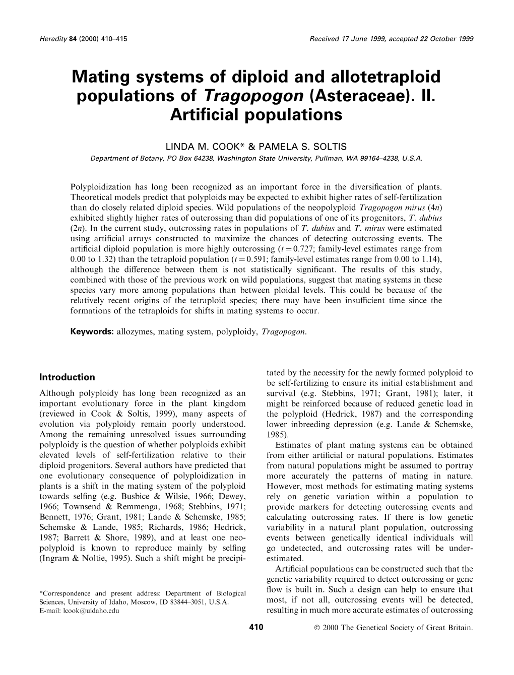 Mating Systems of Diploid and Allotetraploid Populations of Tragopogon (Asteraceae)