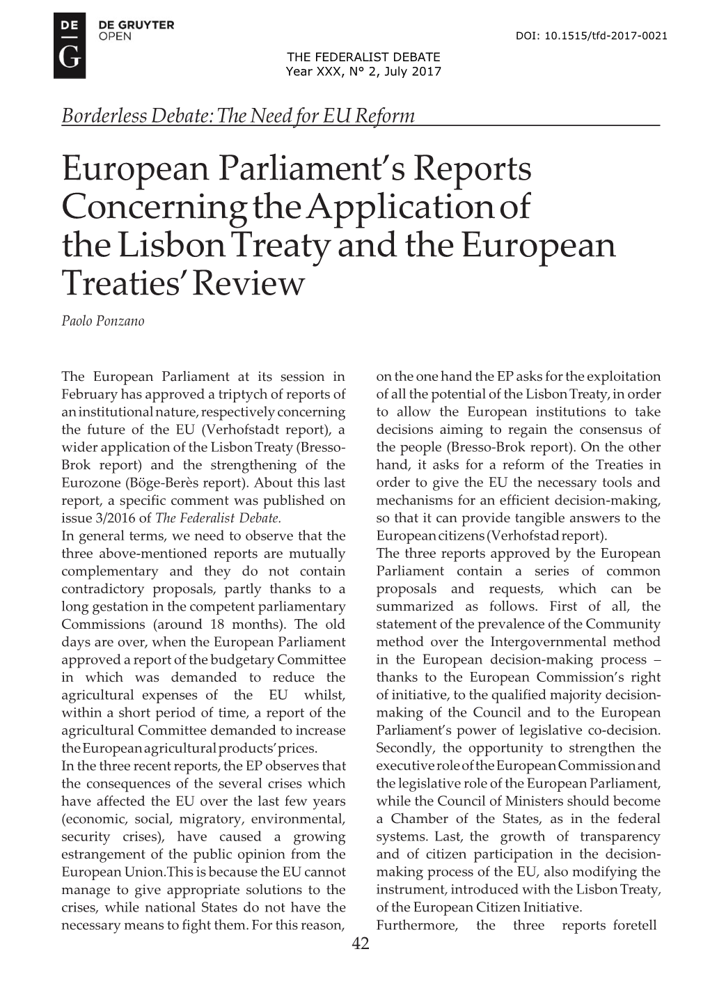 European Parliament's Reports Concerning the Application of the Lisbon Treaty and the European Treaties' Review
