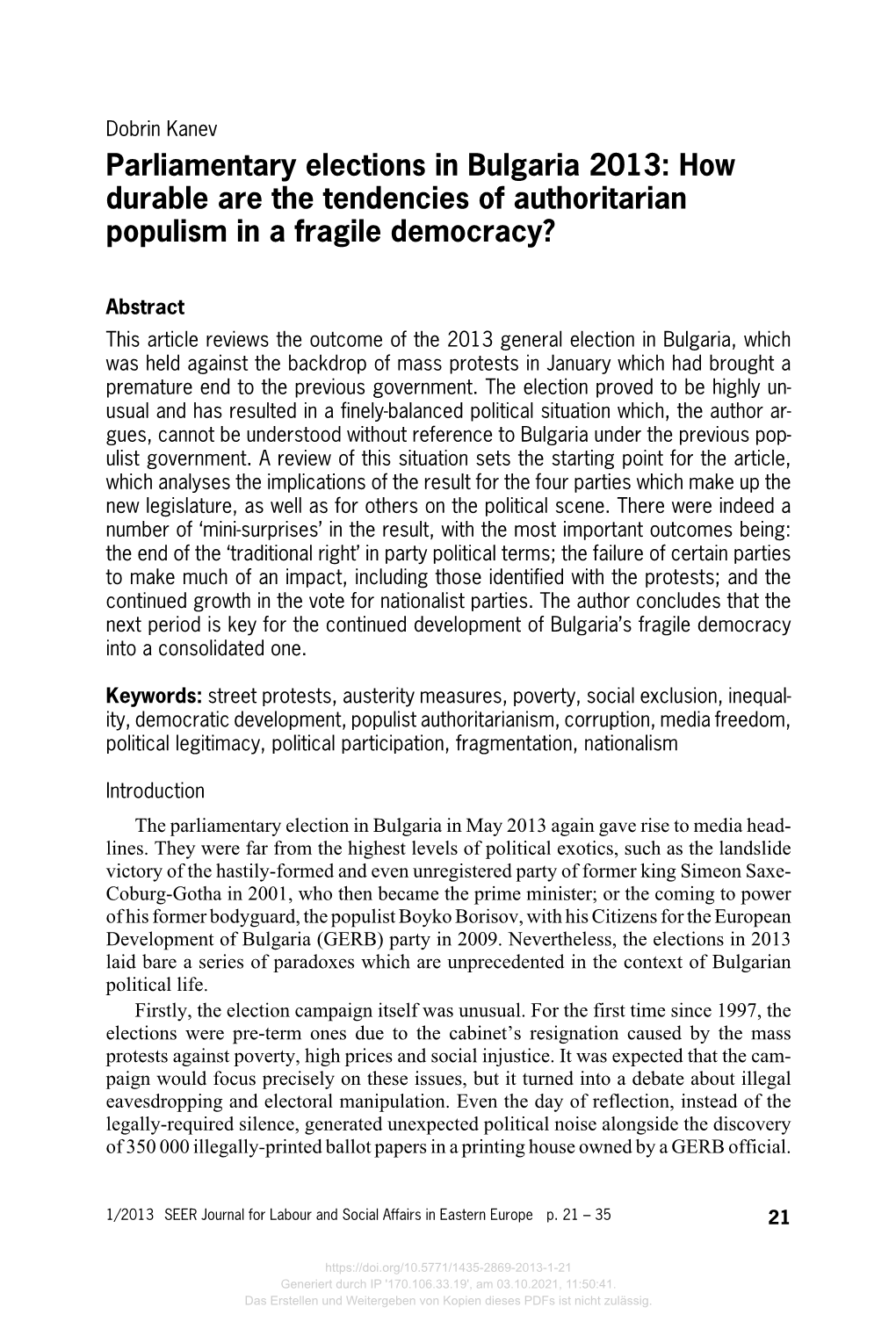 Parliamentary Elections in Bulgaria 2013: How Durable Are the Tendencies of Authoritarian Populism in a Fragile Democracy?