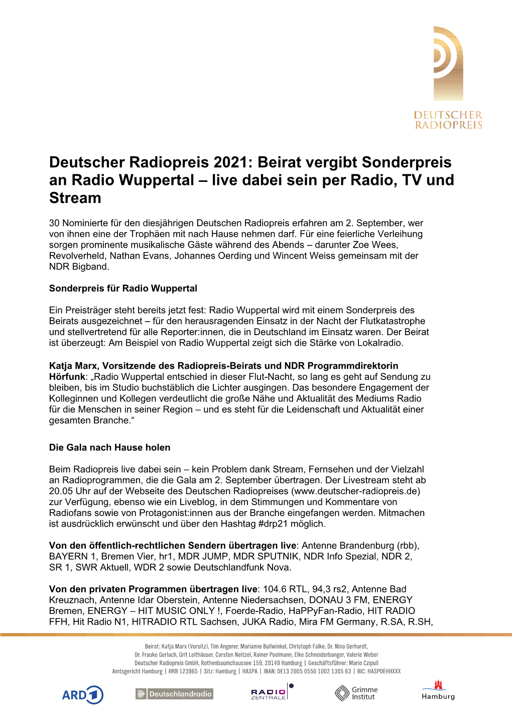 Beirat Vergibt Sonderpreis an Radio Wuppertal – Live Dabei Sein Per Radio, TV Und Stream