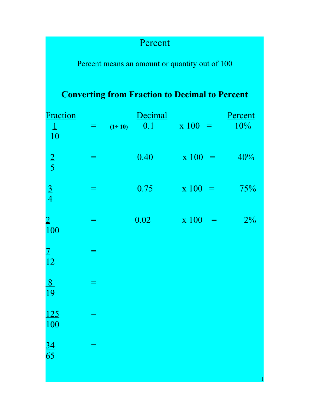 Percent Means an Amount Or Quantity out of 100