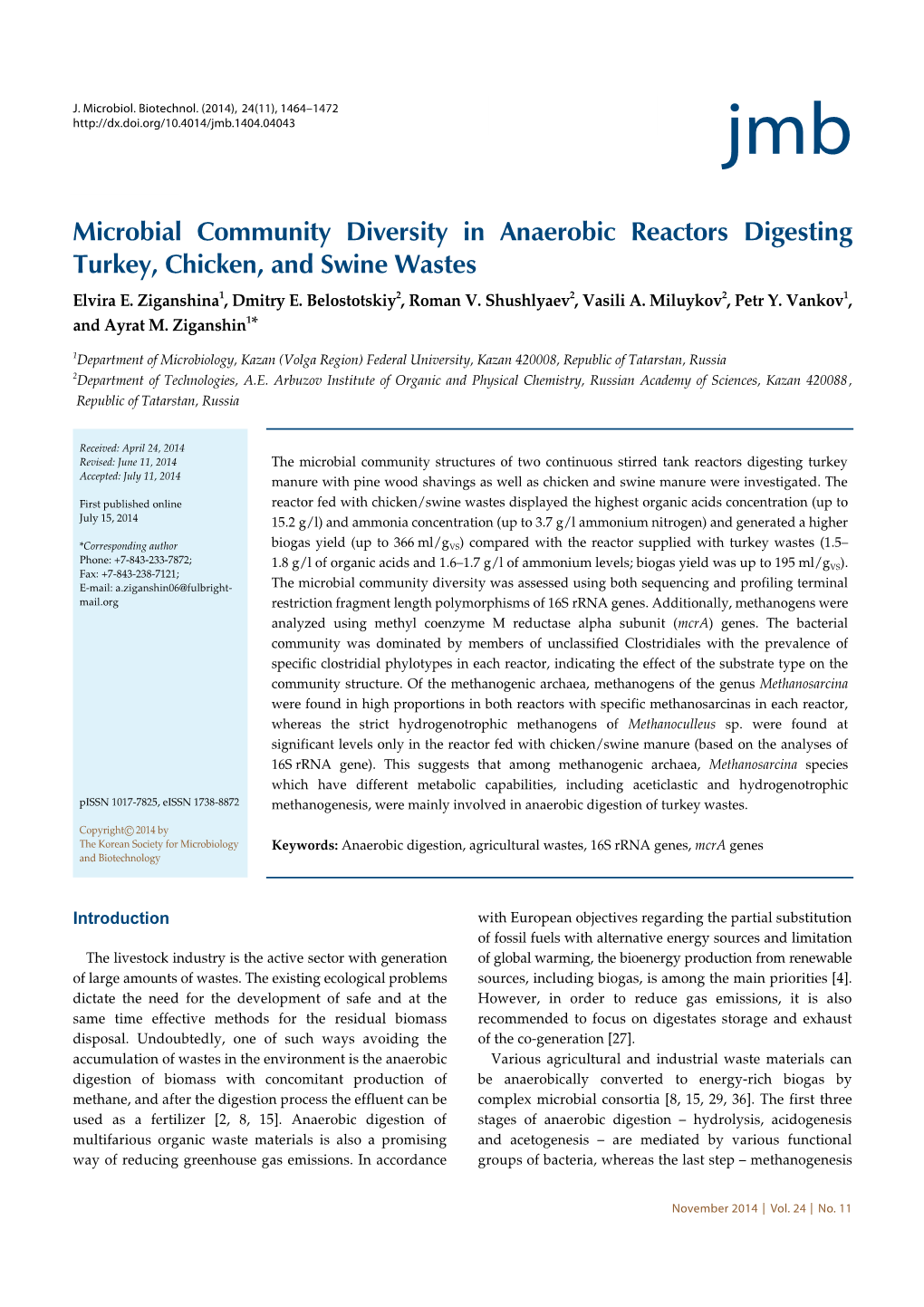 Microbial Community Diversity in Anaerobic Reactors Digesting Turkey, Chicken, and Swine Wastes Elvira E