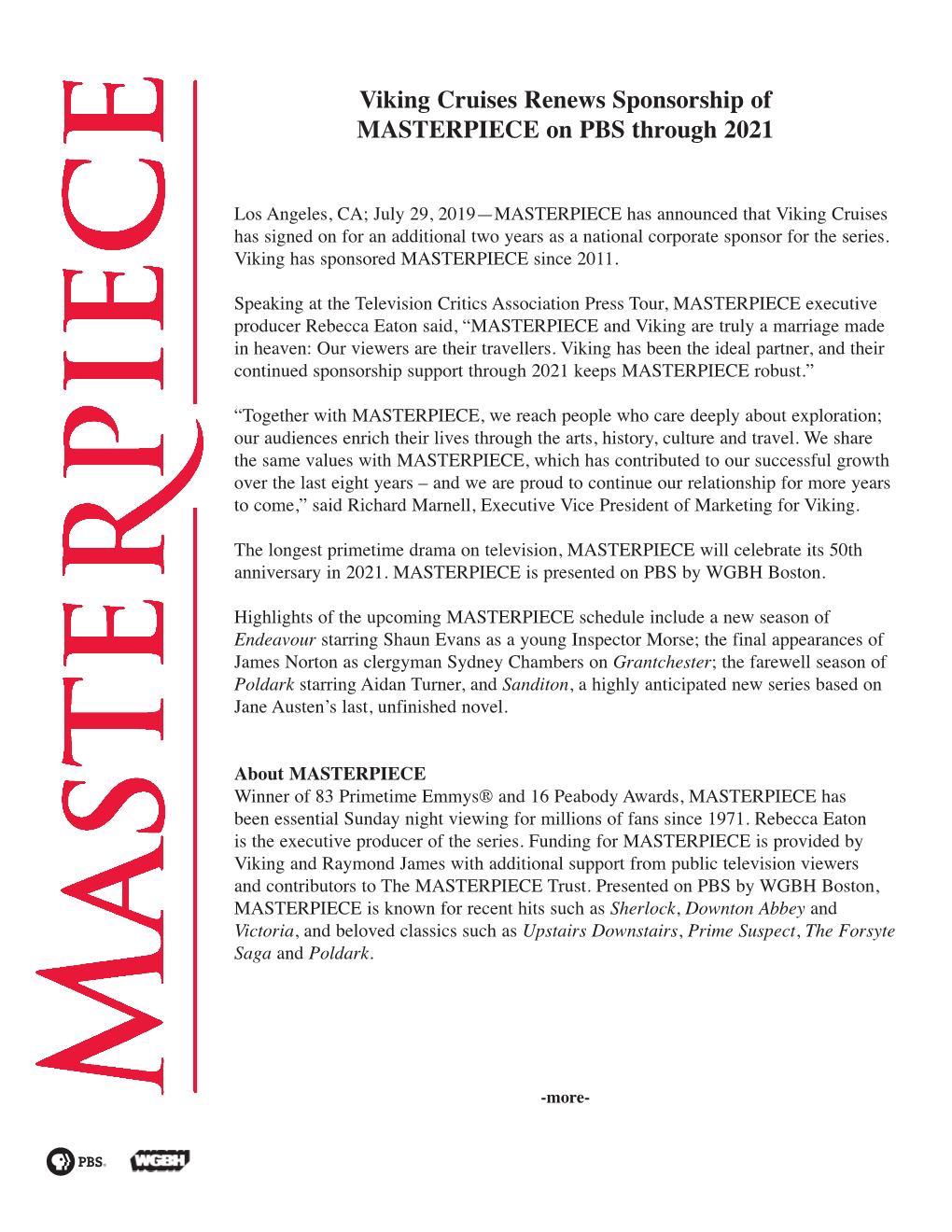 Viking Cruises Renews Sponsorship of MASTERPIECE on PBS Through 2021