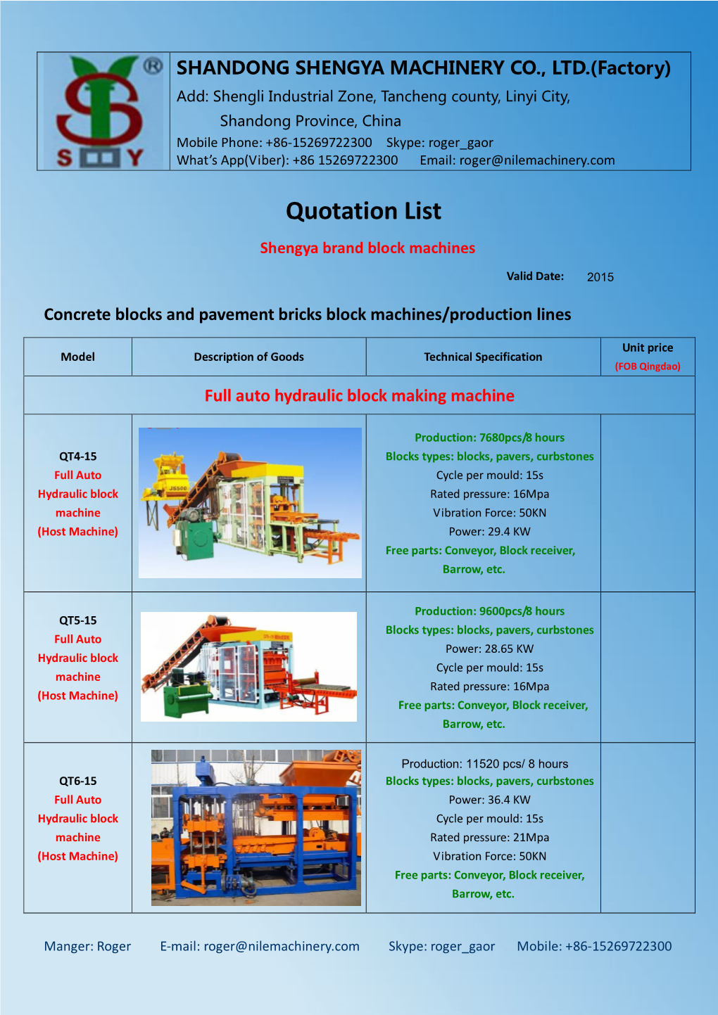 Quotation List Shengya Brand Block Machines