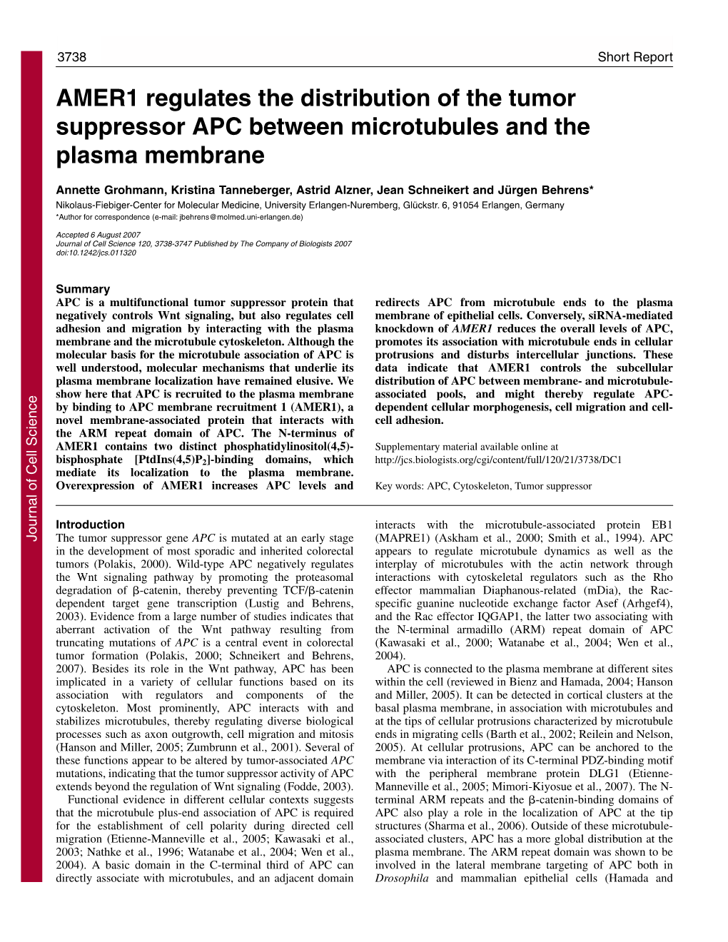 AMER1 Regulates the Distribution of the Tumor Suppressor APC Between Microtubules and the Plasma Membrane