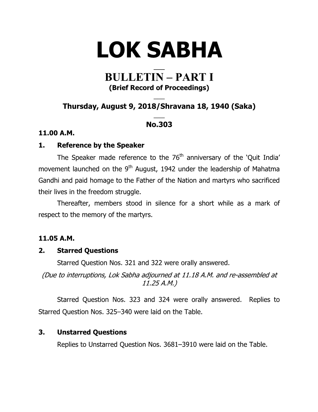 LOK SABHA ___ BULLETIN – PART I (Brief Record of Proceedings) ___