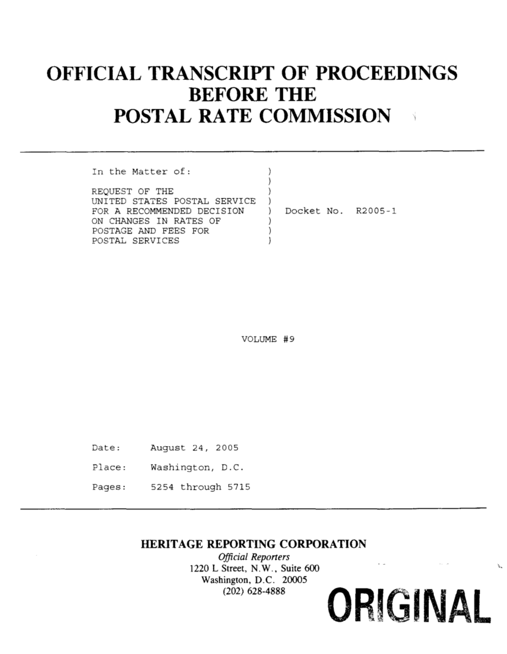 Official Transcript of Proceedings Before the Postal Rate Commission