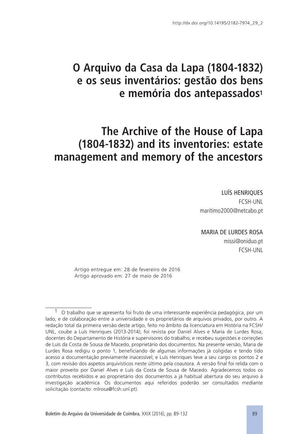 O Arquivo Da Casa Da Lapa (1804-1832) E Os Seus Inventários: Gestão Dos Bens E Memória Dos Antepassados1