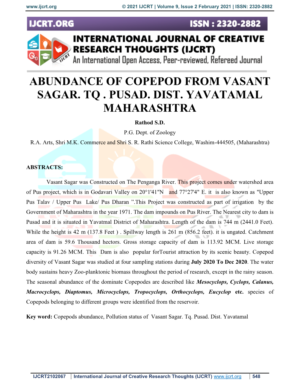 Abundance of Copepod from Vasant Sagar. Tq . Pusad