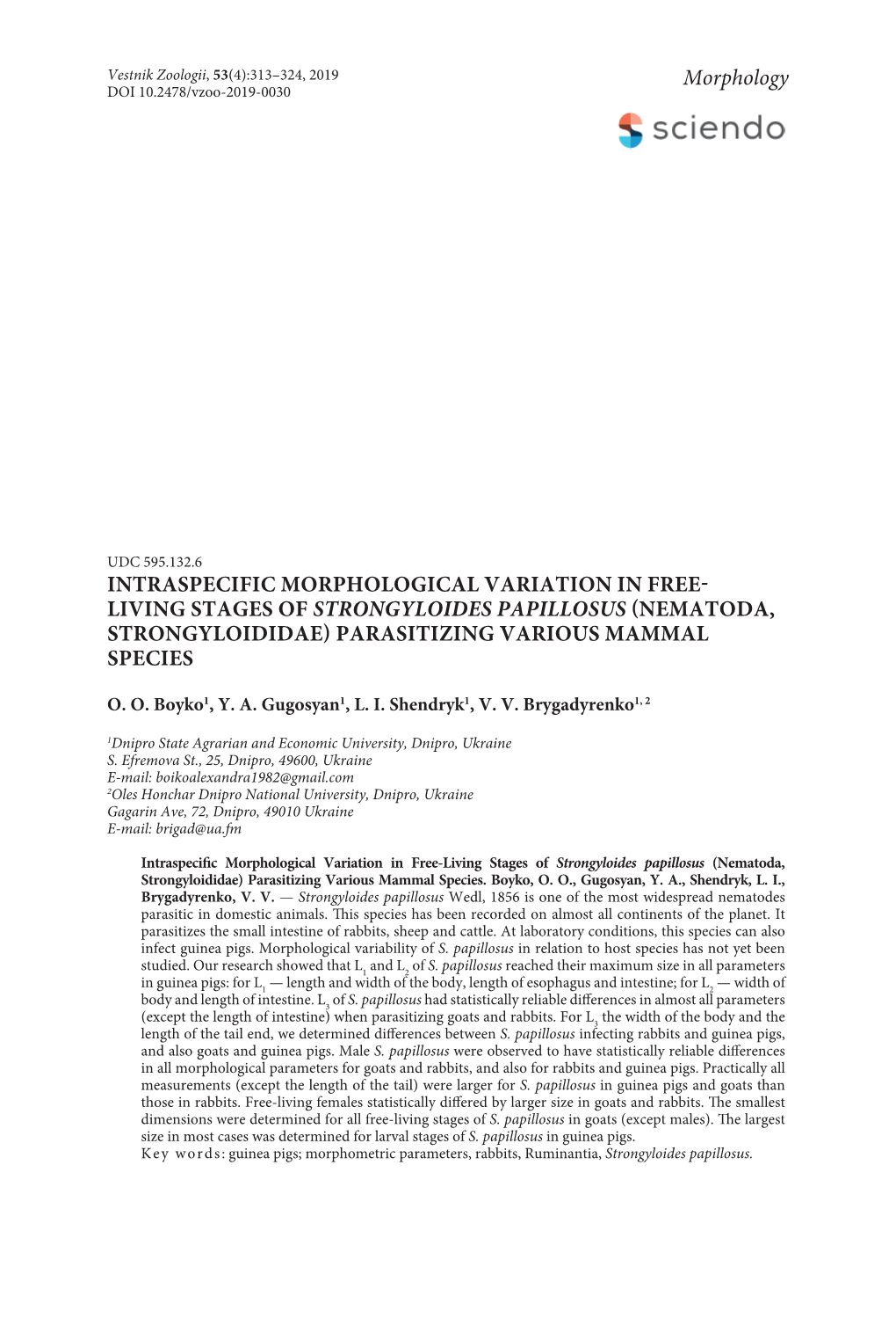 Living Stages of Strongyloides Papillosus (Nematoda, Strongyloididae) Parasitizing Various Mammal Species