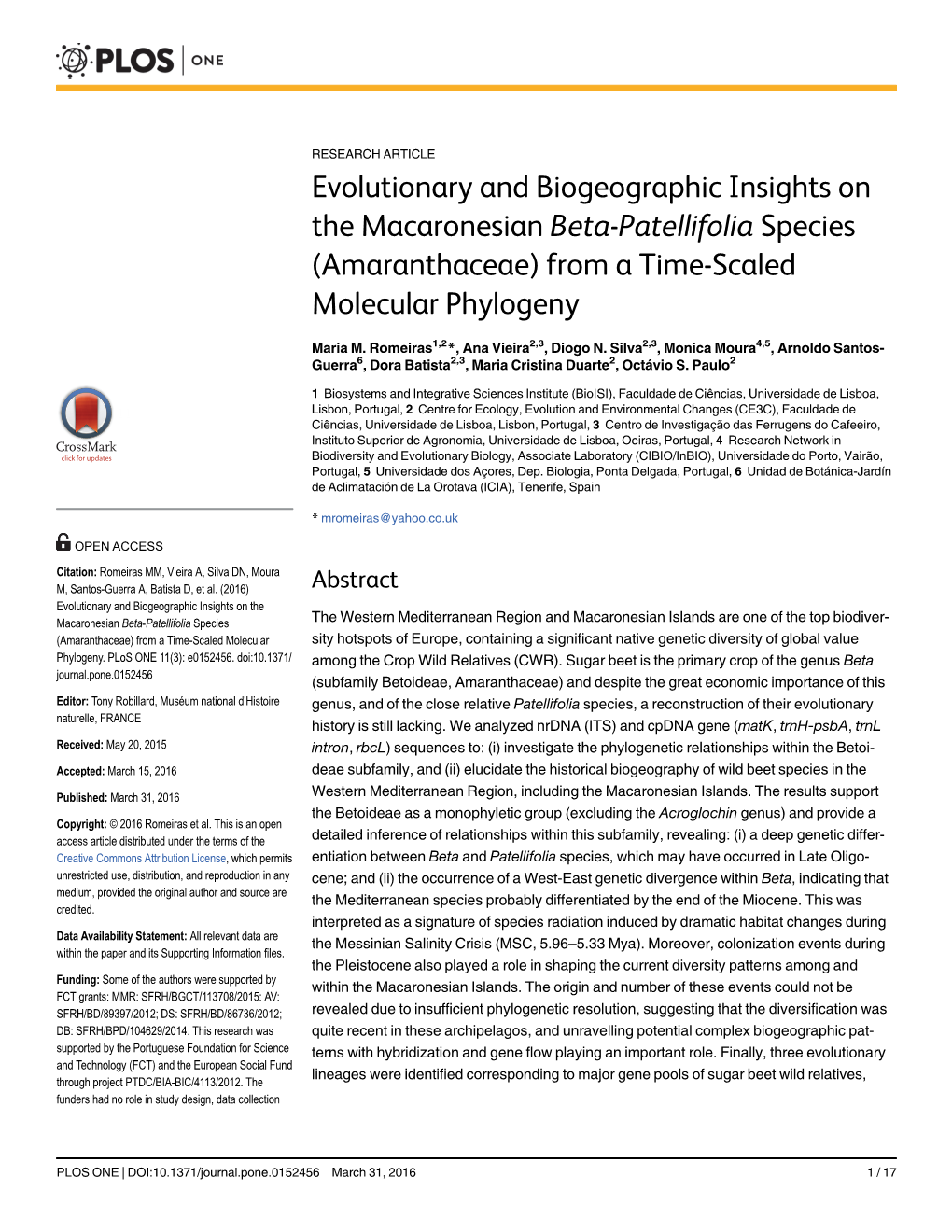 Evolutionary and Biogeographic Insights on the Macaronesian Beta-Patellifolia Species (Amaranthaceae) from a Time-Scaled Molecular Phylogeny